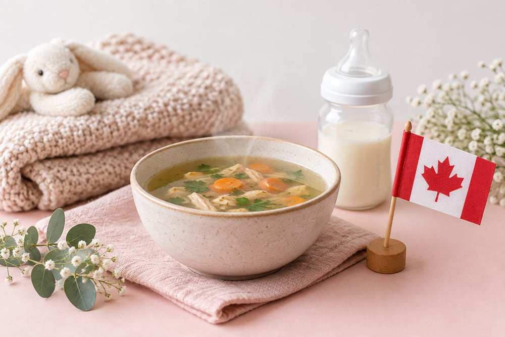 淡粉色桌面上的一碗雞湯、奶瓶、針織毯與加拿大小國旗